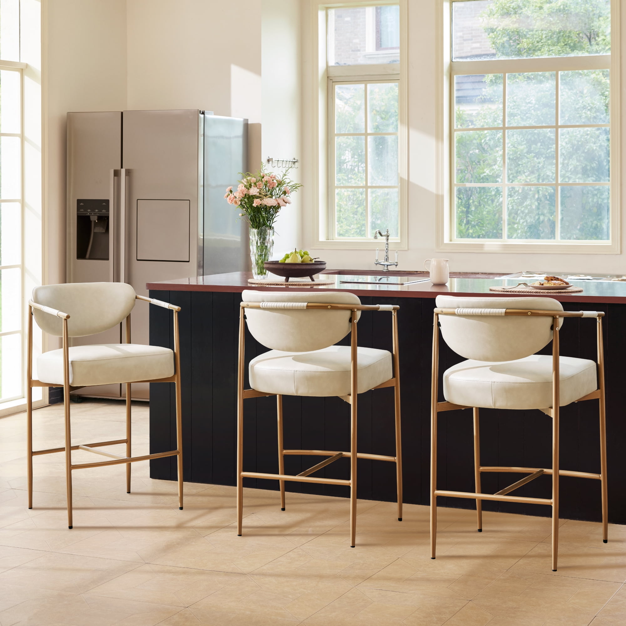 Spruce & Spring Modern Counter Bar Stool with Woven Strap Arms & Gold Metal Frame Set of 2, Beige with Gold Frame