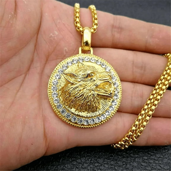 Iced Out Wolf Head Necklaces Pendants For Women/Men 14K Yellow Gold Rhinestones Necklace Hip Hop Bling Jewelry
