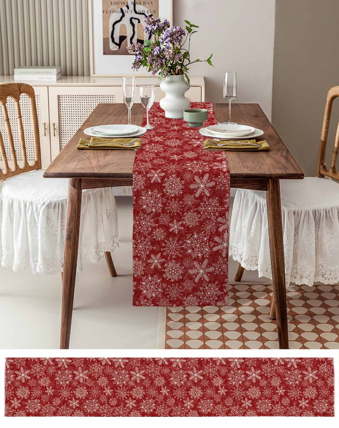 Red Snowflake Christmas Burlap-Cotton Table Runner 90 Inches Long,Xmas Snowflake Vintage Farmhouse Table Runners,Outdoor Dining Tablecloths Decor for Baby Shower Party Wedding 13x90