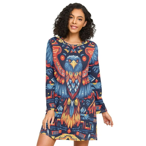 FORMRS Womens Long Sleeve Nightgowns Crew Neck Sleep Shirt Soft Pajamas Sizes S-3XL, Blue Abstract Eagle