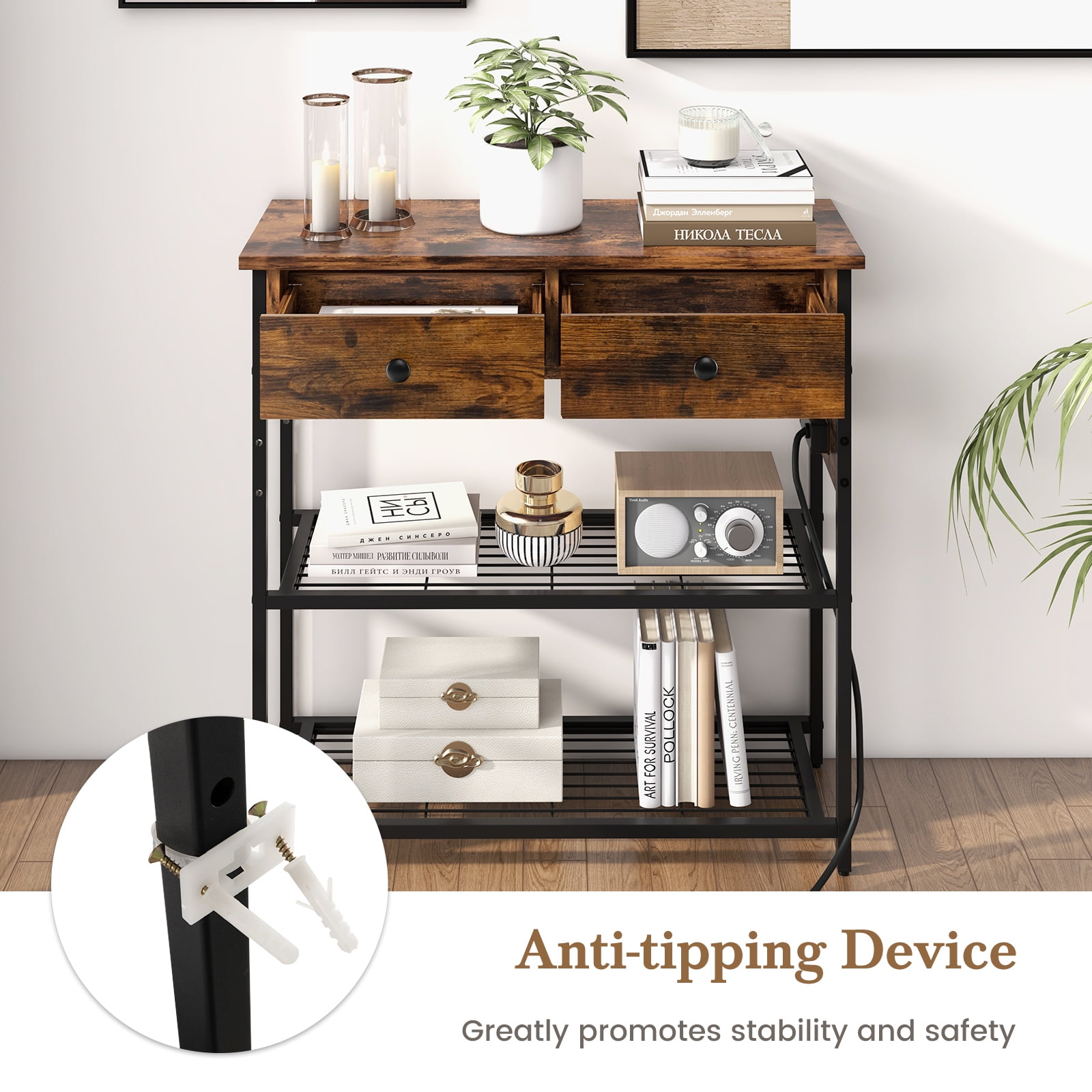 Giantex Console Table w/Outlets , Entryway Table w/USB Ports, Narrow Sofa Table, Entry Hallway Table, Brown