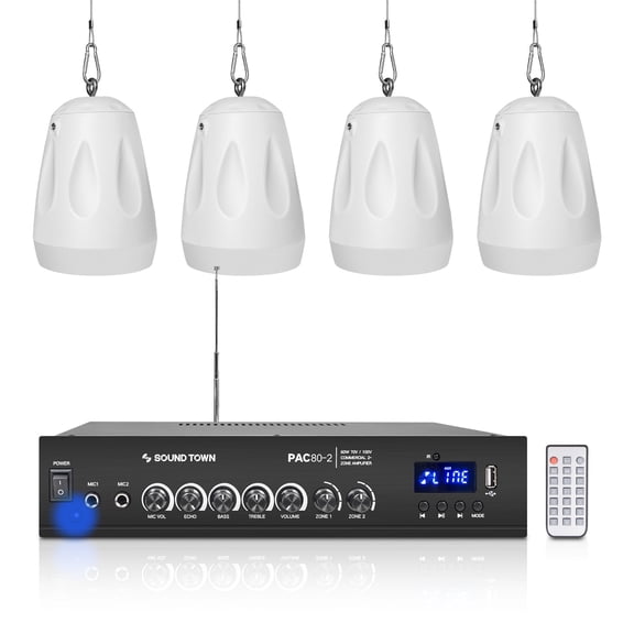 Sound Town Commercial Restaurant Bluetooth Amplifier   Pendant Speaker Set, with One 2-Zone 70V/100V Amplifier with Bluetooth, 4 x All-Weather 4-Inch Pendant Speakers, White (PAC80X4PD4W)