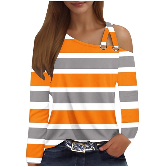 CLOISE Tees for Women Fall Fashion Striped Blouses V Neck Long Sleeve Cold Shoulder Tees Comfy Color Block Hollow Asymmetrical Tops Y2k Outfits Orange XL
