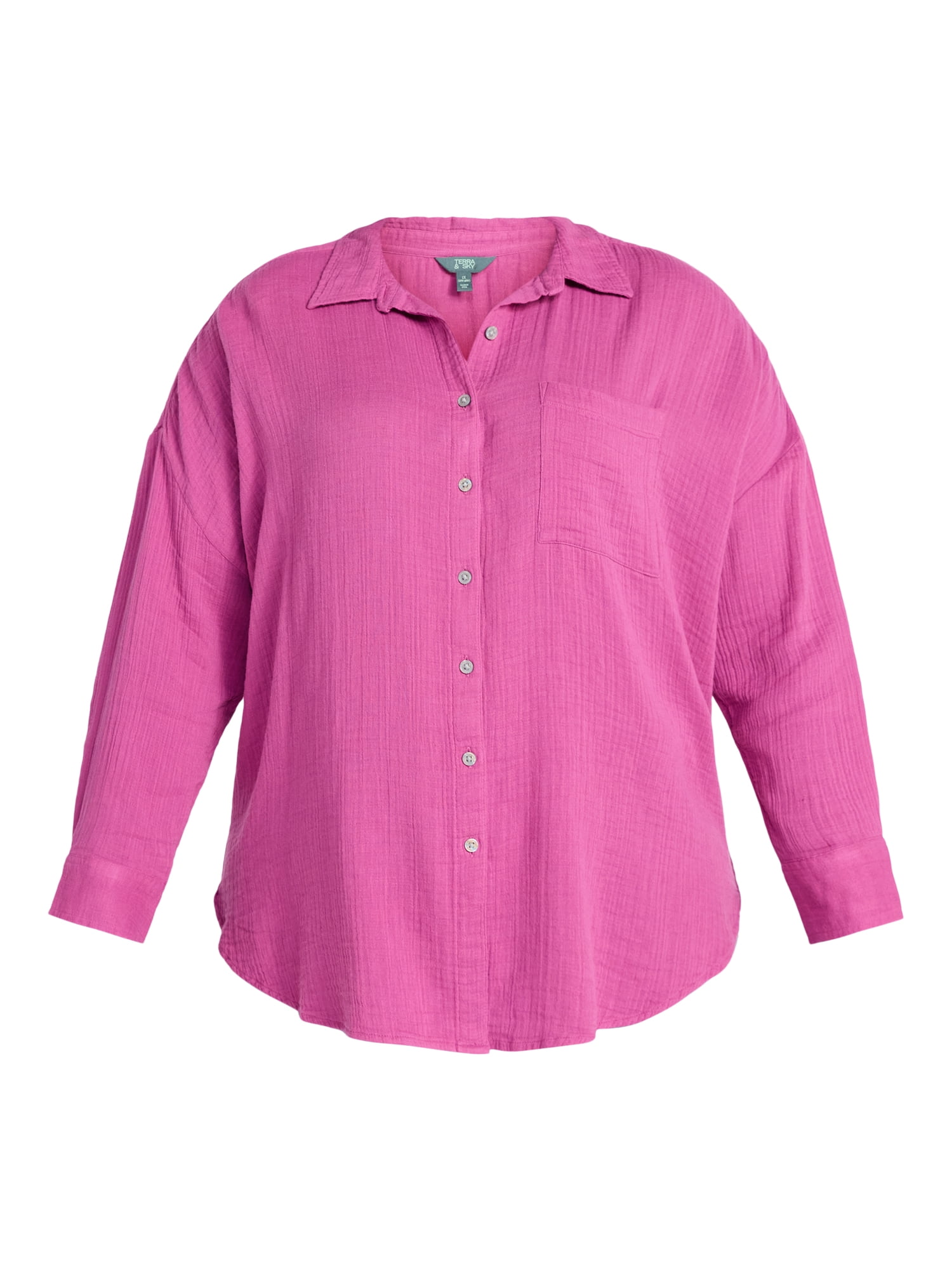 Terra & Sky Women's Plus Size Double Cloth Boyfriend Shirt, Sizes 0X-5X