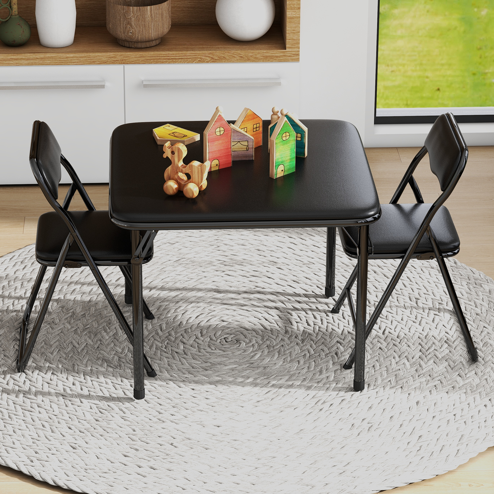 Rugerasy 3PC Folding Upholstered Table and Chair, Square Card Table and Chair Set with Pu Soft Cushion, Metal Frame Activity Table and Chairs Set for Daycare and Classroom,Black