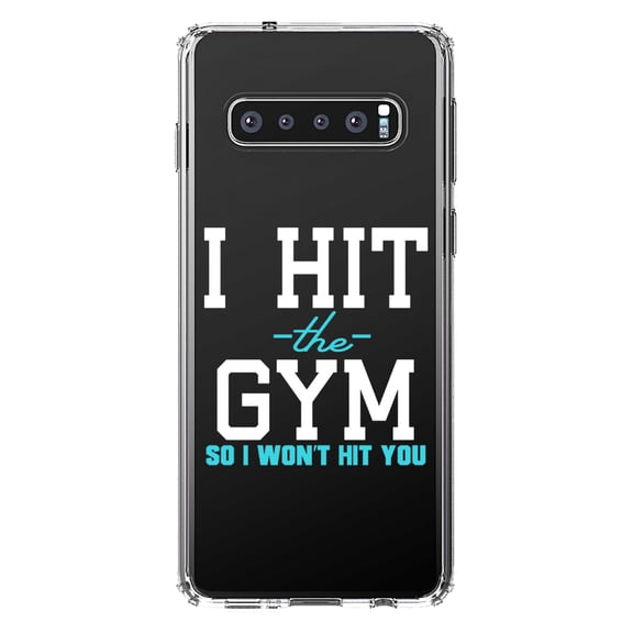 DistinctInk Clear Shockproof Hybrid Case for Samsung Galaxy S10  PLUS (6.4" Screen) - TPU Bumper Acrylic Back Tempered Glass Screen Protector - I Hit the Gym So I Won't Hit You