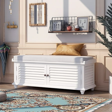 Merax Storage Bench with Removable Cushion, Louver Design Wooden Shoe ...