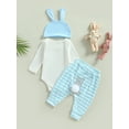 thumbnail image 4 of Bagilaanoe 3Pcs Newborn Baby Girl Boy Easter Outfits Cartoon Print Long Sleeve Romper Tops + Stripe Flare Trousers + Hat 3M 6M 9M 12M Infant Long Pants Set, 4 of 9