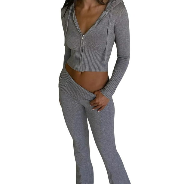 Women s Cozy Ribbed Knit Lounge Set Long Sleeve Zip Up Hoodie with High Waist Wide Leg Pants 2 Piece Loungewear Ensemble Walmart