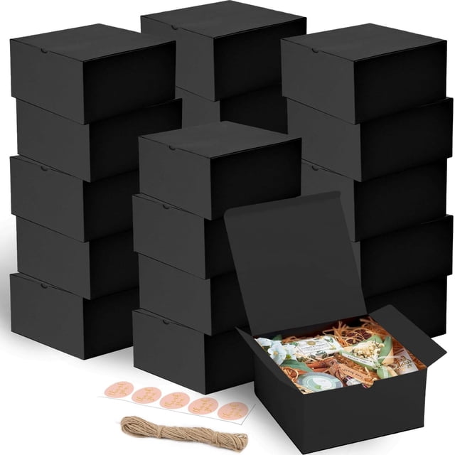 Caja de Regalo para Hombre y Mujer con Tapa, 20 Pcs Cajitas para Recuerdos con Pegatinas y cuerdas de cáñamo, Ideal para Bodas Fiestas Cumpleaños Dulces Navidad Aniversarios y Baby Showers (Negro)