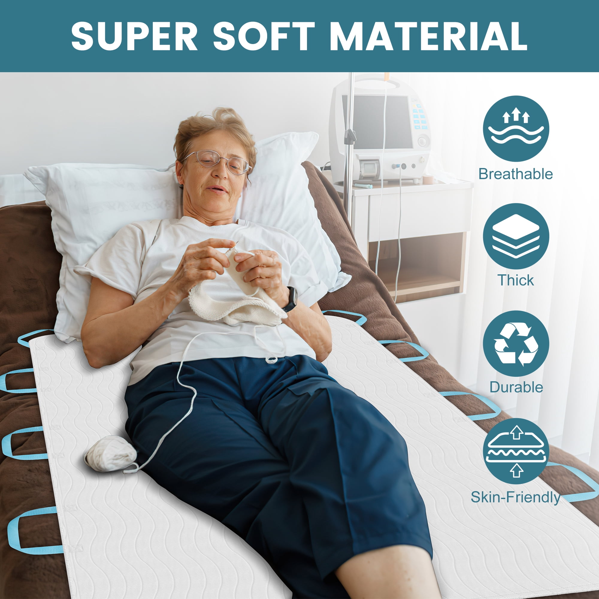 KEKOY 34 x 52" Absorbent Positioning Bed Pad with 8 Handles, Anti-Slip Backing, 2 Pack Waterproof Underpads for Incontinence, Washable & Reusable Transfer Pad