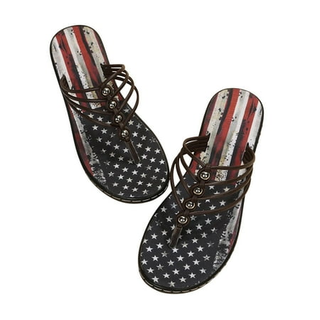 

American Flag Flip Flops for Women Strappy Thong Sandals Vintage Slide Sandals Low Heel Comfort Walking Shoes