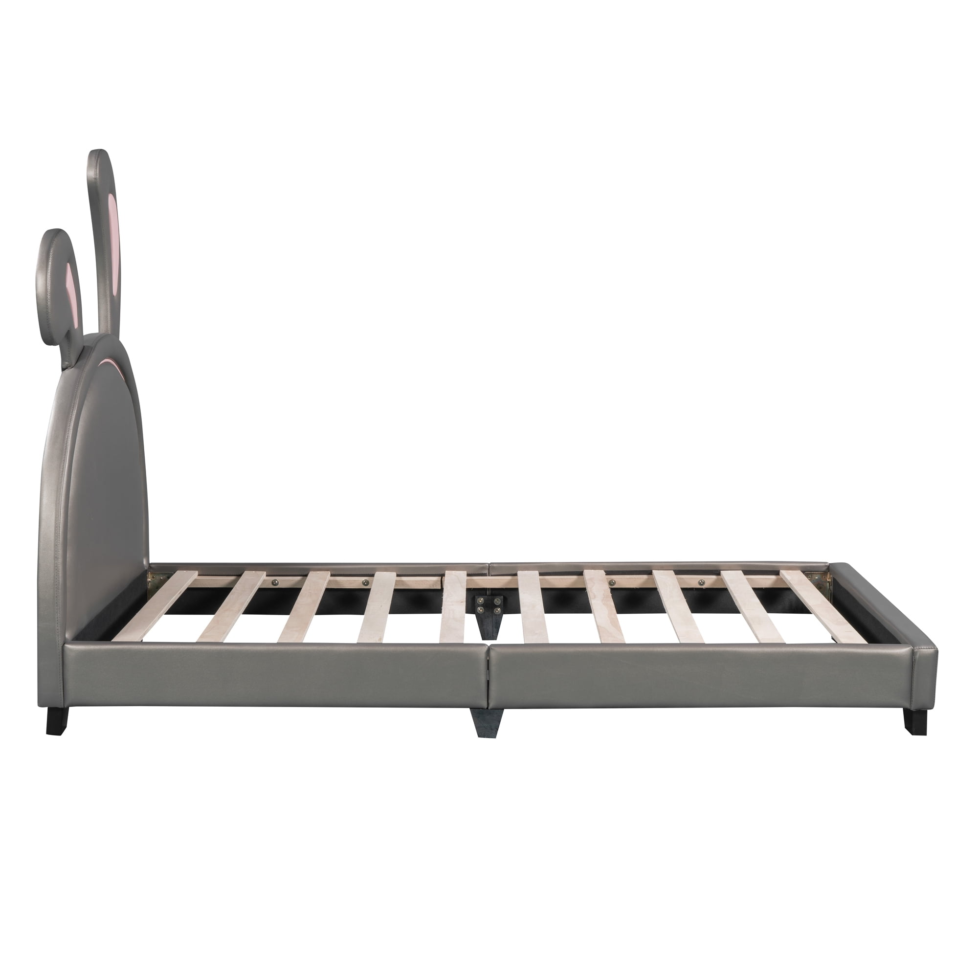 Euroco Upholstered Twin Size Platform Bed, PU Cartoon Bunny Bed for Kids, Gray