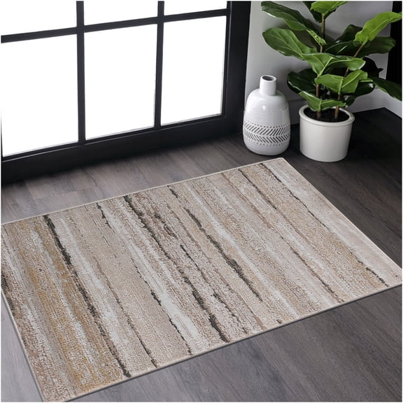 JERFIT 2x3 Brown Striped Area Rug Non-Shedding Stain Resistant Polyester Rug for Living Room Bedroom Kitchen