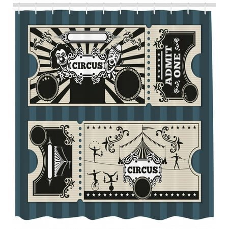Circus Shower Curtain, Ticket Designs with Admit One Lettering Clowns and Acrobat Silhouettes, Fabric Bathroom Set with Hooks, Petrol Blue and Eggshell, by (Best Place To Sell Sports Tickets)