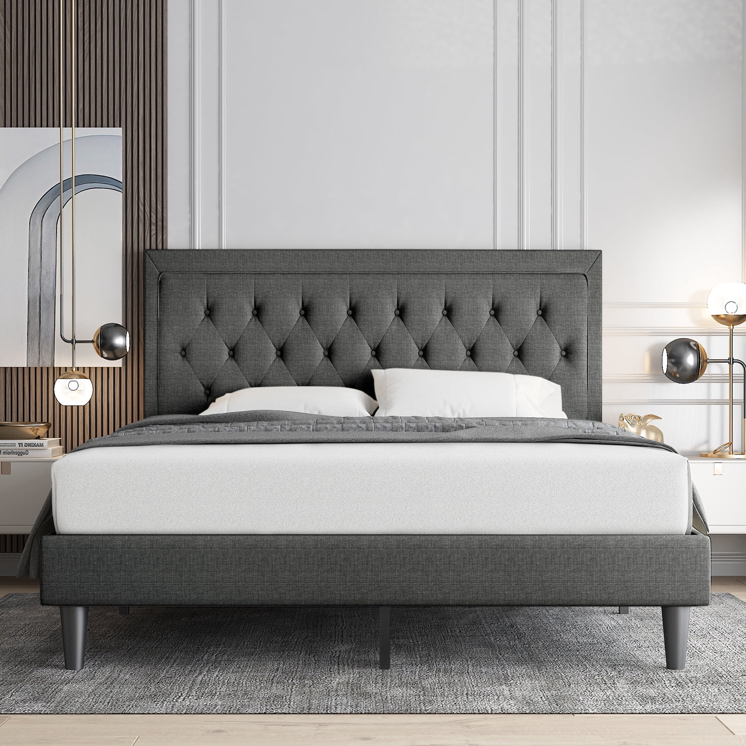 Allewie King Size Fabric Upholstered Bed Frame with Diamond Button Tufted/Adjustable Headboard/Wood Slat Support/Mattress Foundation/Dark Grey