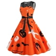 thumbnail image 3 of WTOBBY Women's Hepburn-Style Retro Lace Round Neck Sleeveless Halloween Printed Dress Elegant Vintage Inspired Party Wear,Saffron L, 3 of 4
