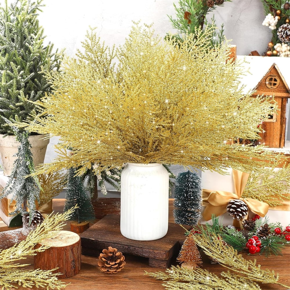 NOGIS 24 Pcs Christmas Gold Artificial Pine Branches- 14" Glitter Fake Foliage Pine Stems Picks- Silver Leaves Artificial Pine Needles for DIY Christmas Wreath Home Decoration