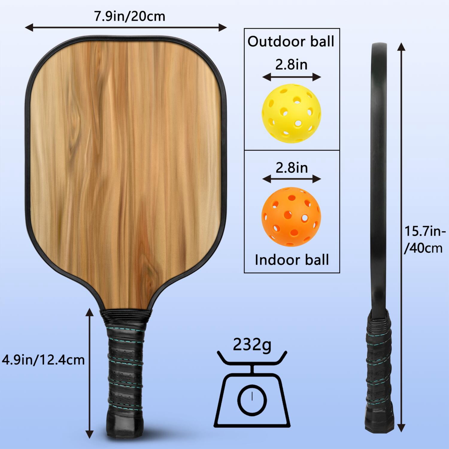 Pickleball Paddles Set Of 2, Fiberglass Surface, Wood Grain Print, 4 Balls & Bag