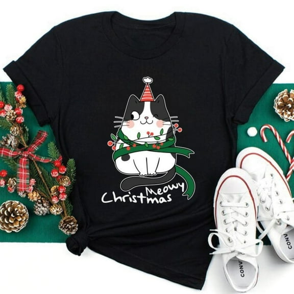 Meowy Christmas Tee Cat Lover Graphic Holiday Family Shirt Cute Festive Top Short Sleeve Round Neck Black S-5XL