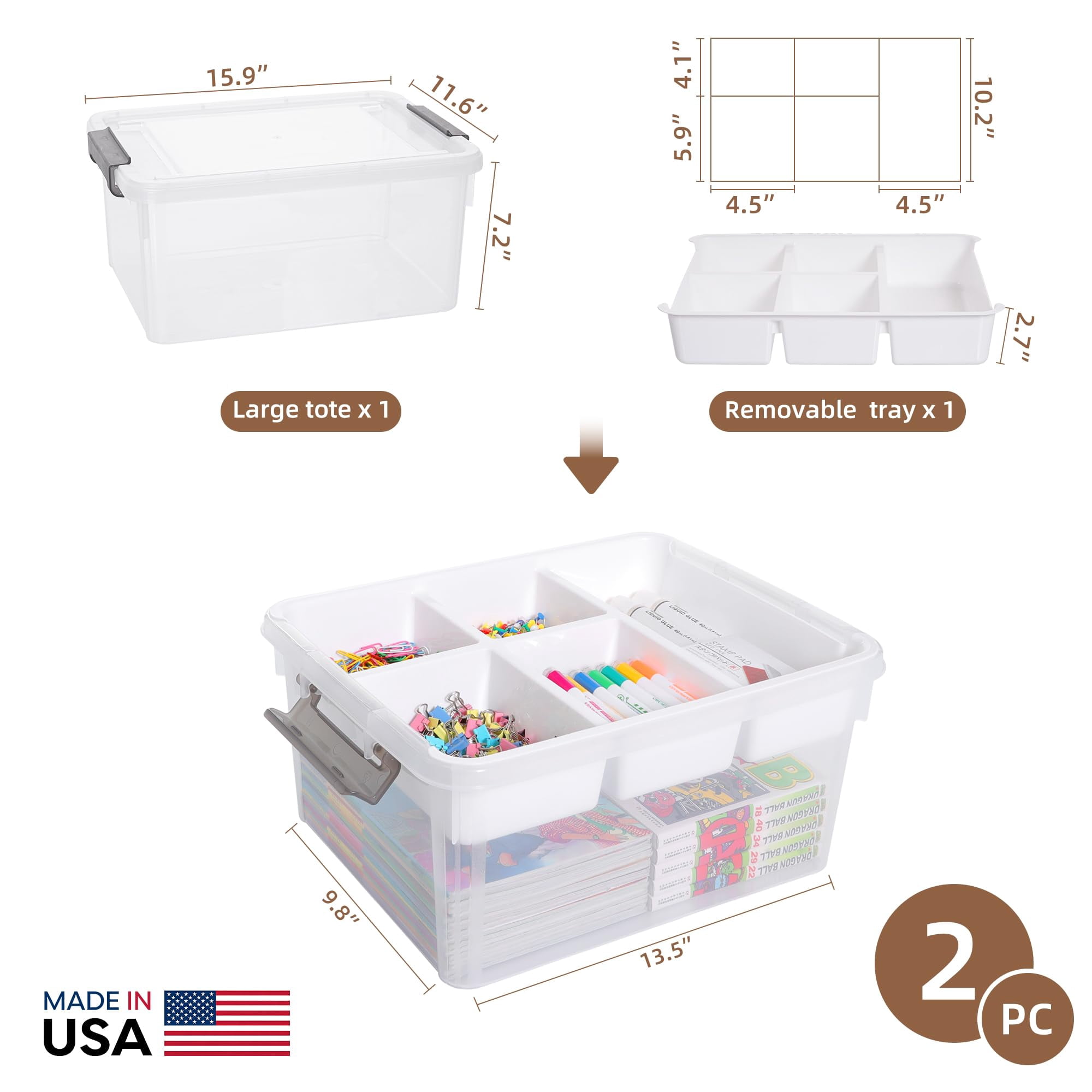 17 Qt Plastic Storage Box With Removable Tray Craft Organizers And Clear Container For Organizing Bead  Tool Sewing Playdoh 2 Packs