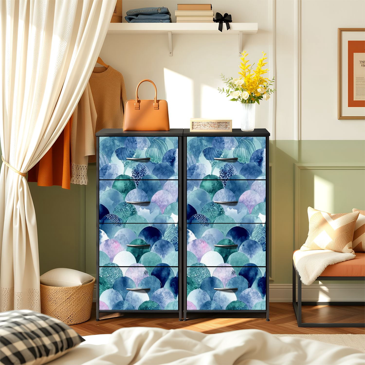 4 Drawer Vertical Storage Dresser Abstract scales Fish skin texture teal turquoise with Wood Top Fabric Pull Drawers