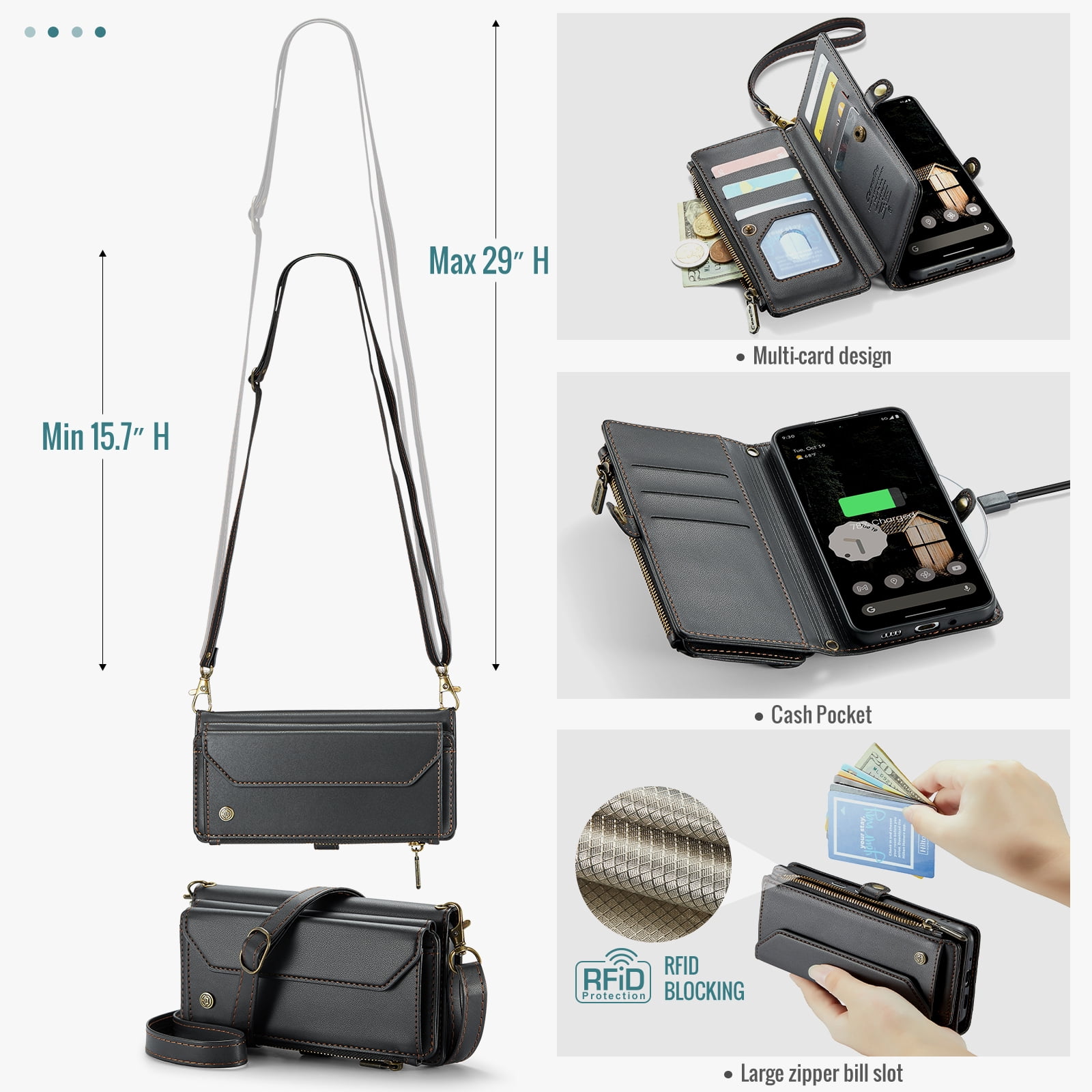 for Google Pixel 10 / 10 Pro Full Body Protection Wallet Folio Flip Case, Shoulder Strap & Wristlet Card Slots Zipper Pocket RFID Blocking Rugged Durable PU Leather Phone Case Cover, Black