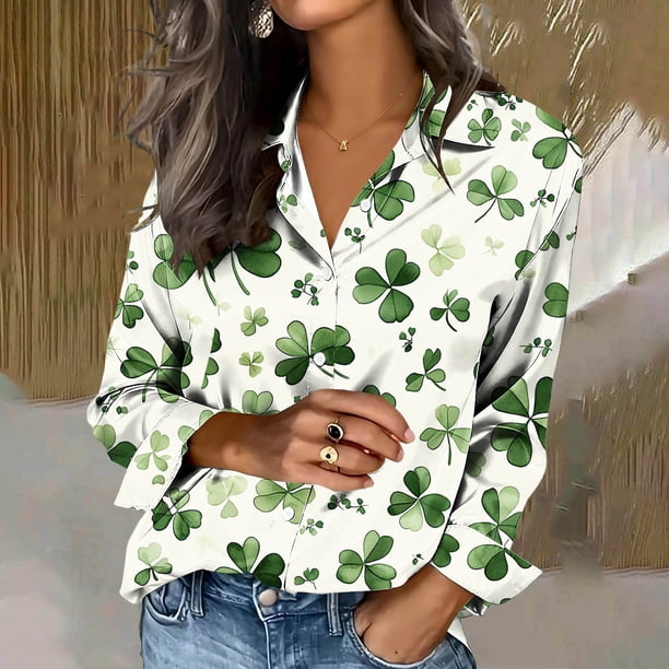 TaTaai Ladies St. Patrick's Day Print Satin Long Sleeve Button Up Shirt Fashion Lapel Casual Loose Blouse Satin Top for Daily Party Office Vacation Spring Winter Wear Gift