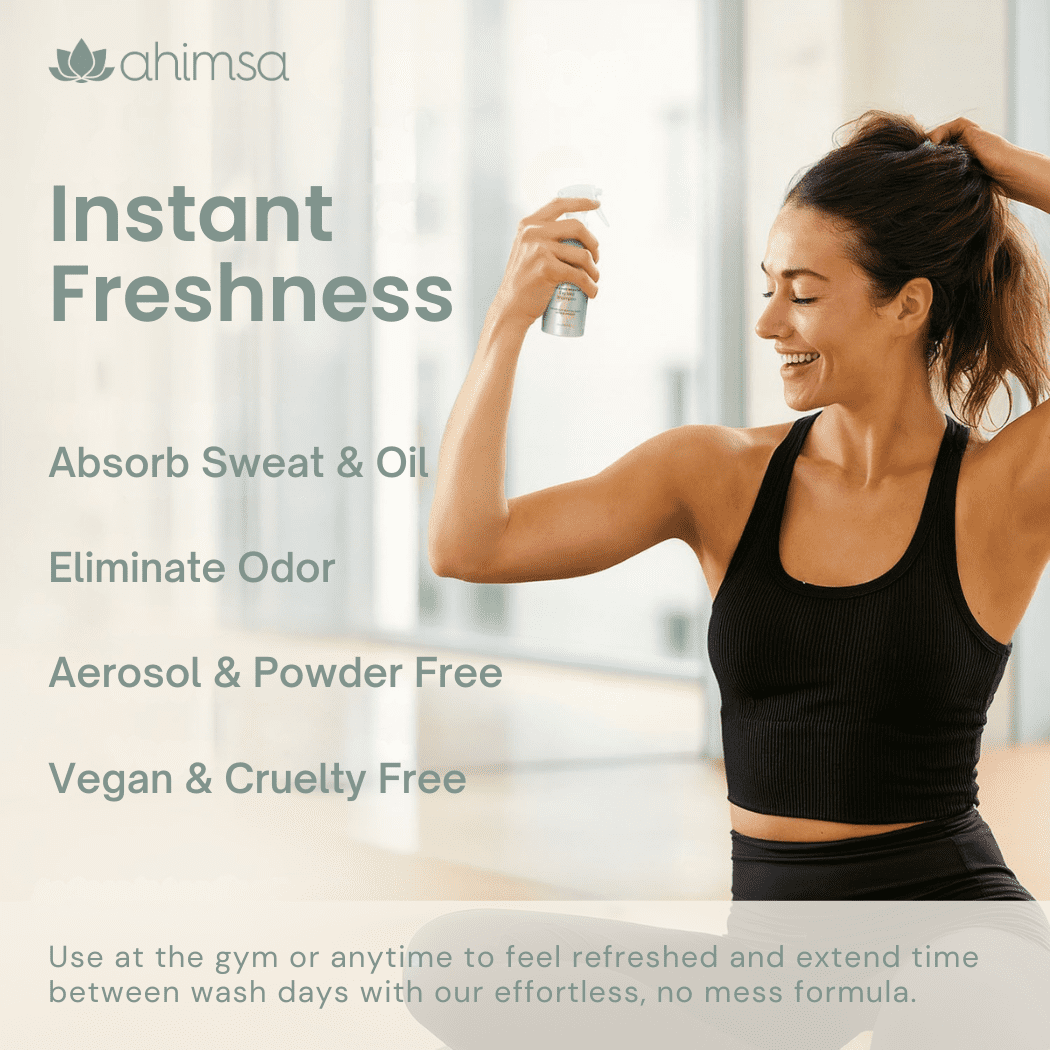Ahimsa Dry Mist Shampoo, Residue-Free, Dark Hair Friendly, Vegan & Cruelty-Free, Pre & Post Workout, 4 oz