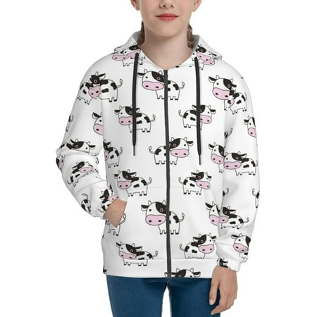 

Hoodies for Women Cute Cartoon Cow Print White Long Sleeve Sweatshirt Drawstring Zip Up Hoodie with Pockets Teen Girl Clothes