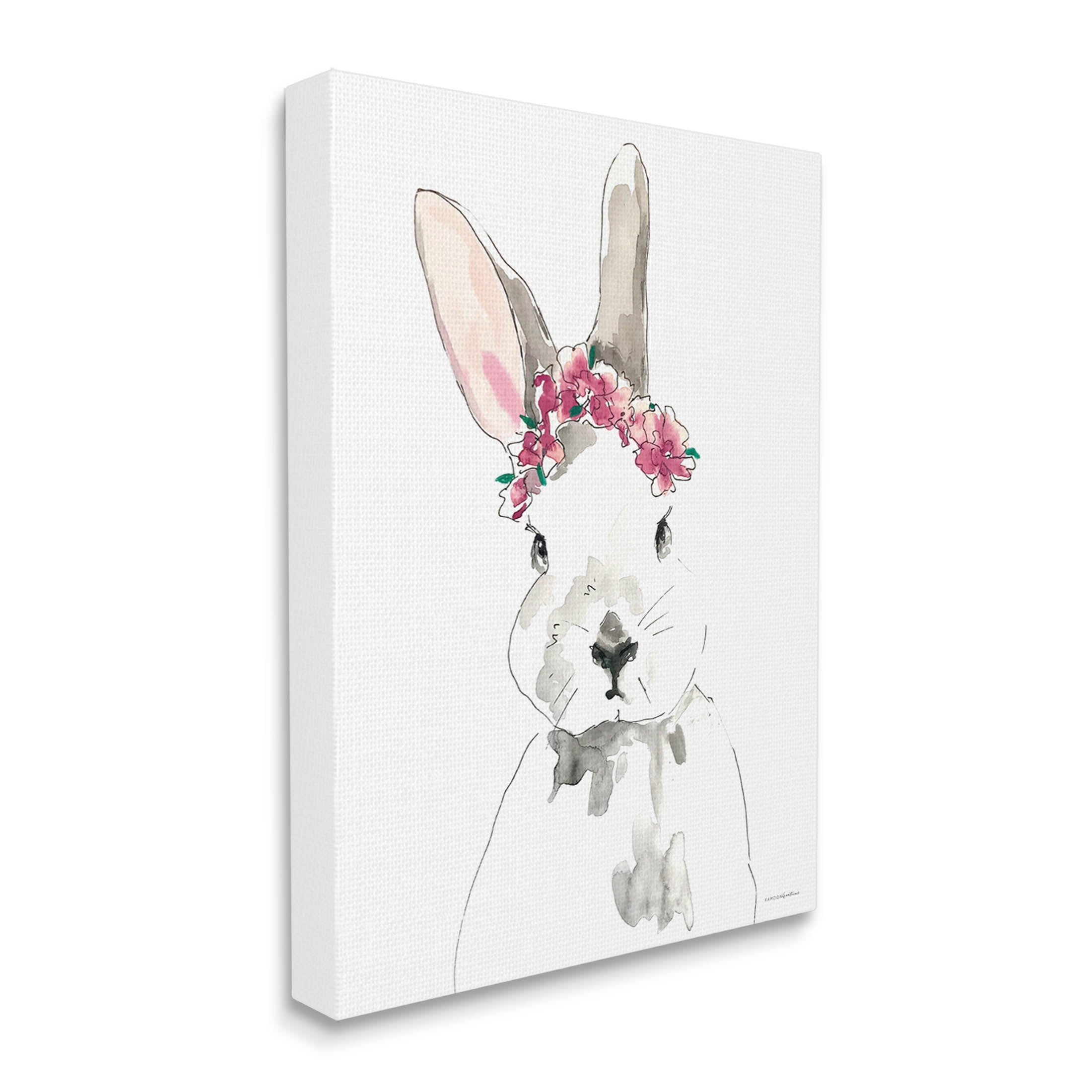 Bunny Pink Flower Doodle Animals & Insects Graphic Art Gallery Wrapped Canvas Print Wall Art