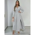 thumbnail image 4 of Women Deep V Neck Long Sleeve Slit Fall Elegant Formal Wedding Guest Evening Date Prom Maxi Long Dress Light Grey M, 4 of 9