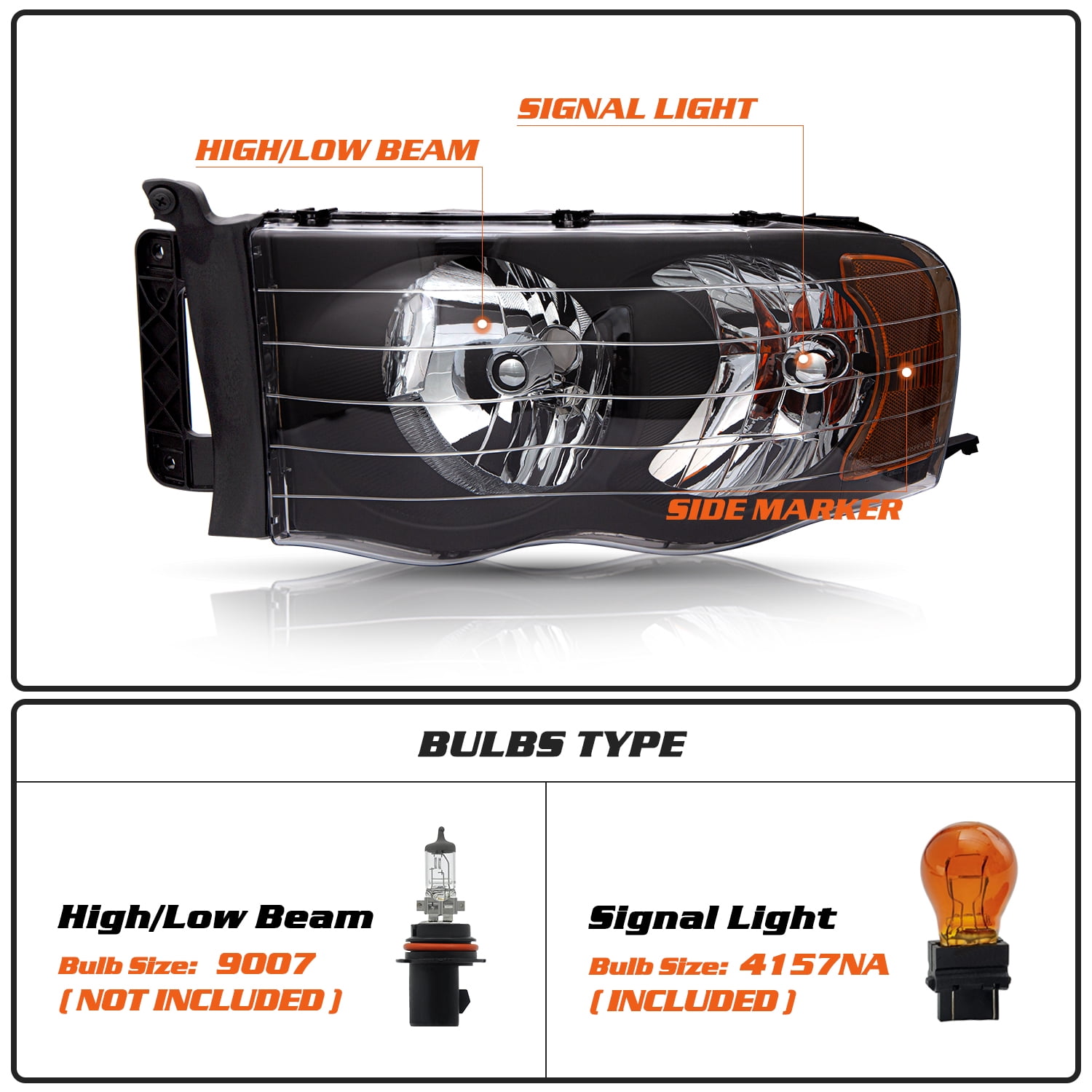BRYGHT-For 1500/2500/3500 Black Amber 02-05 Dodge Ram Headlights Pair