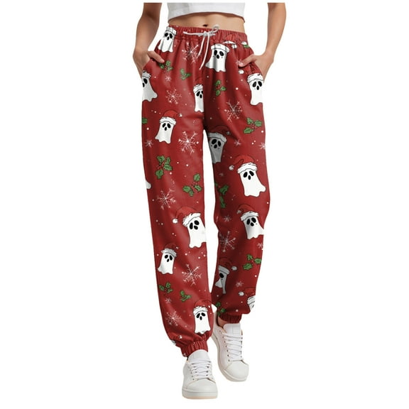 TTUHYWXI Jogger Christmas Sweat Pants for Women Trendy Plus Size Cinch Bottoms with Pockets Baggy Sweatpants for Teen Girls (Red, XL)