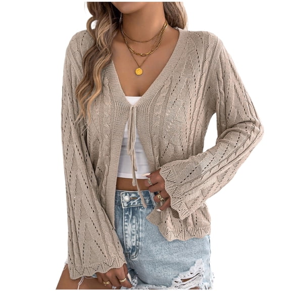 Womens Hollow out Cardigans Knitted V Neck Long Sleeve Tie Front Trendy Sweater Lightweight Cardigan Tops (XL, Khaki)