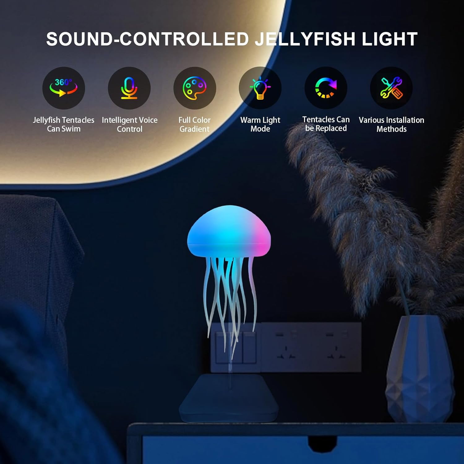 Upgraded Jellyfish Lamp with Jelly Fish Light Lamp with Dancing Legs with Base, Voice Control Jellyfish Night Light Soothing Mood Light for Bedroom, Living Room, Office Night Light, Sleep Aid, Anxiet
