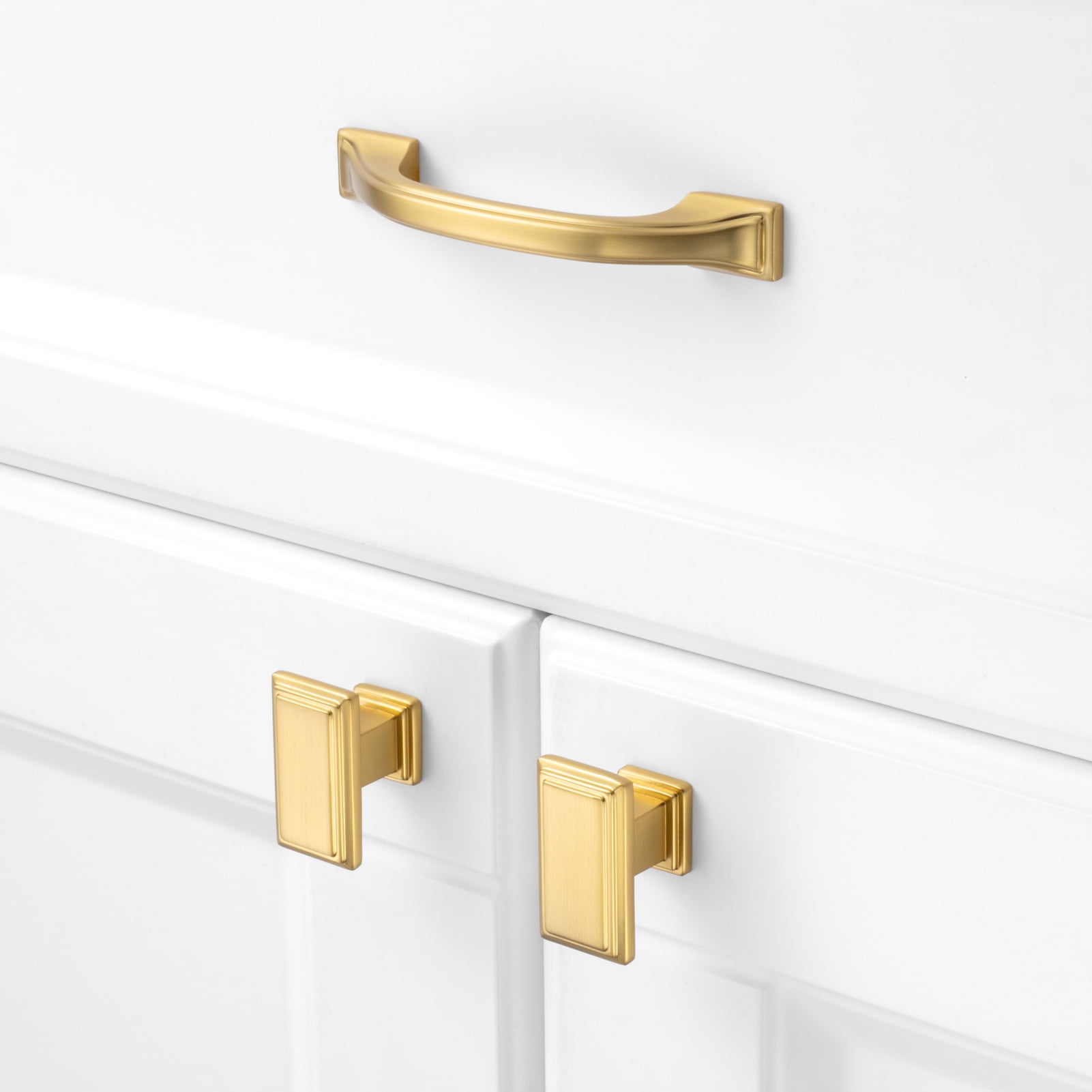 KOOFIZO 10 Pack Square Foot Craftsman Cabinet Bow Pull - Brushed Gold Furniture Handle, 3 Inch/76mm Screw Spacing