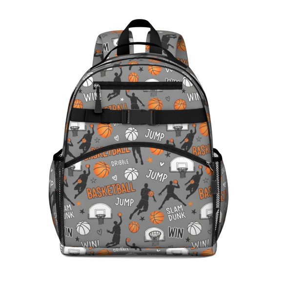 Basketball and Heart Gray Pattern Cute School Backpack Bag for School with Padded Back and Adjustable Shoulder Straps 15.25"x11.5"x5.25"