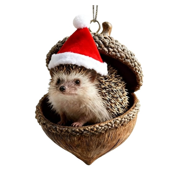 3.15 Inch Assorted Forest Animals in Acorn Christmas Tree Ornaments with Santa Hats - Cute Hamster, Panda, Hedgehog, Penguin & Raccoon Hanging Pendants, Festive Holiday Gift for Xmas Home Decor