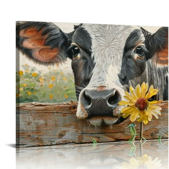 Creowell Rustic Cow Pictures Wall Decor: Farmhouse Cow Canvas Wall Art Farm Animal Cow with Sunflower on  Print Poster Room Decorations for Home Kitchen Bathroom Bedroom  16x12in