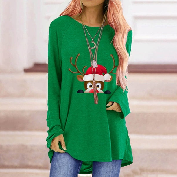 Pntutb Mujer Casual Cuello Redondo Navidad Manga Larga Estampado Camiseta Top Blusa Pntutb Pntutb-6690