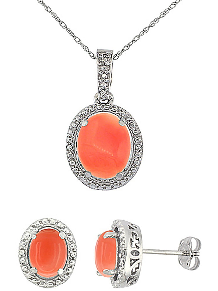 10K White Gold Natural Oval Coral Earrings & Pendant Set Diamond Accents by WorldJewels
