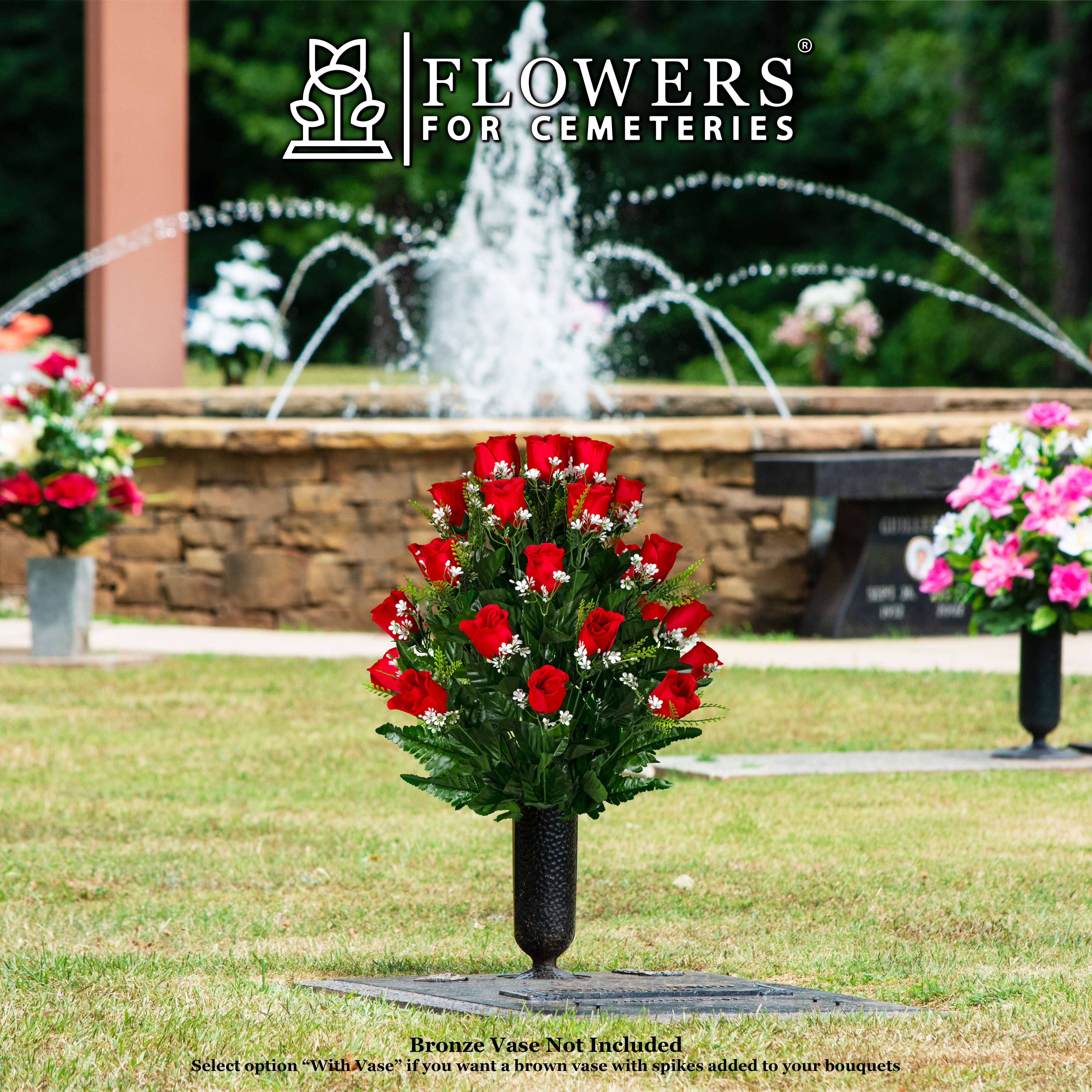Sympathy Silks Artificial Cemetery Flowers 24" Red Roses Bouquet for an Outdoor Cemetery Vase