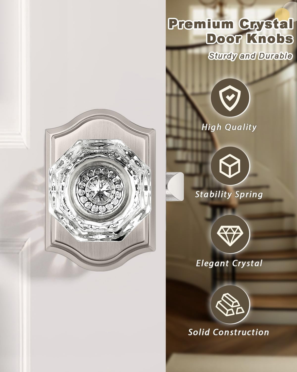 --2 Pack Clear Crystal Door Knobs,Diamond Glass Passage Door Handle Knob for Closet Hallway,Antique Keyless Interior Door Locks with Satin Nickel Rosette