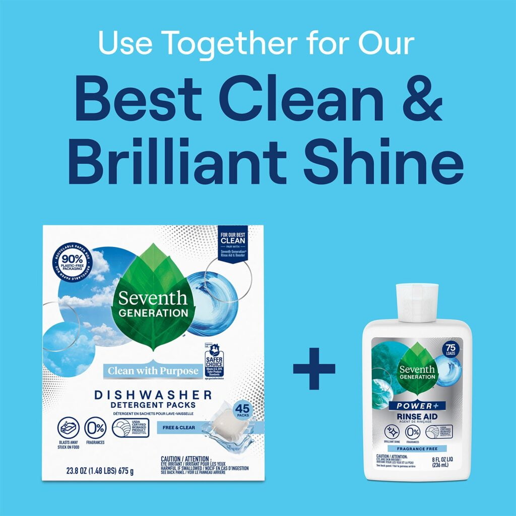 Seventh Generation Dishwasher Detergent Powder 2-Pack + Rinse Aid, Free & Clear, Biodegradable, Septic Safe