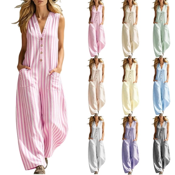 Womens Striped V Neck Sleeveless Button Down Wide Leg Jumpsuit Loose Casual Pocket Long Romper for Summer Daily Vacation Outfit Pink XL(XL)