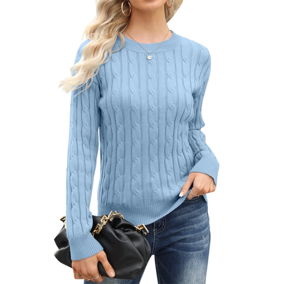 Langwyqu Fall Winter Women Long Sleeve Cable Knit Sweater Pullover