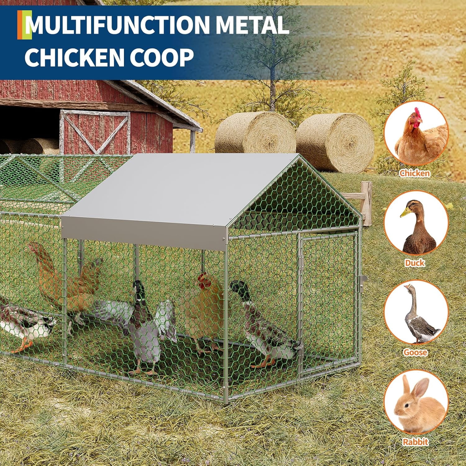ChaoLink Large Metal Chicken Coop with Waterproof & Anti-UV Cover – 160x40x40 Inches Outdoor Hen House with 4 Doors for Yard, Rabbit, Duck & Goose
