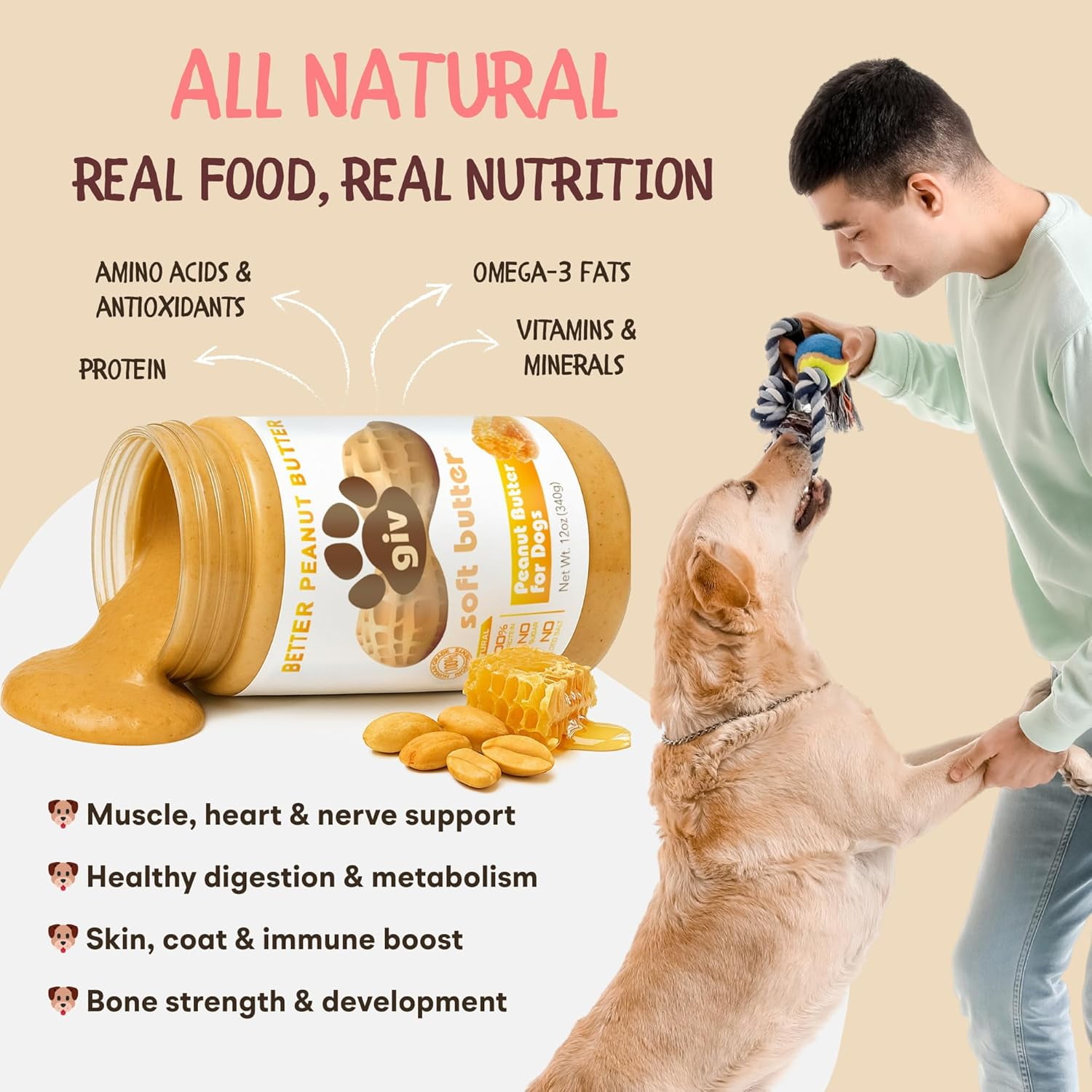 giv All Natural Peanut Butter for Dogs, 4oz Pouch, Pack of 9, Training Treat