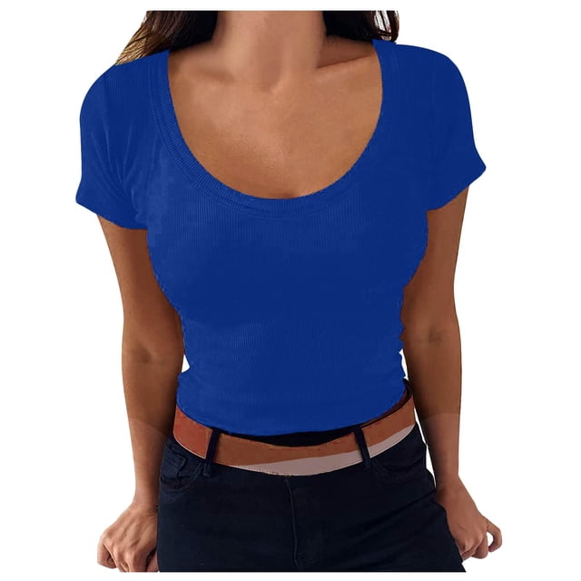 AherBiu Going out Tops for Women Ribbed Crop Tops Short Sleeve Scoop Neck Slim Basic Summer Top Tees Shirts